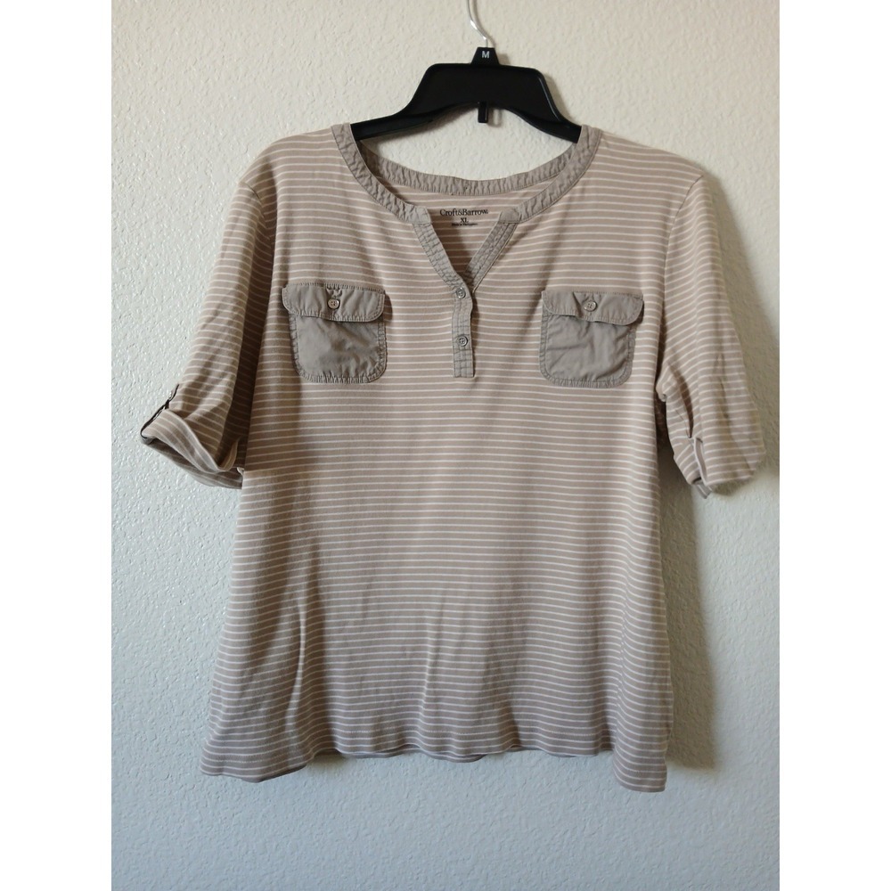 Croft & Barrow Top Womens XL White Brown Striped Roll Tab Henley V-Neck Casual